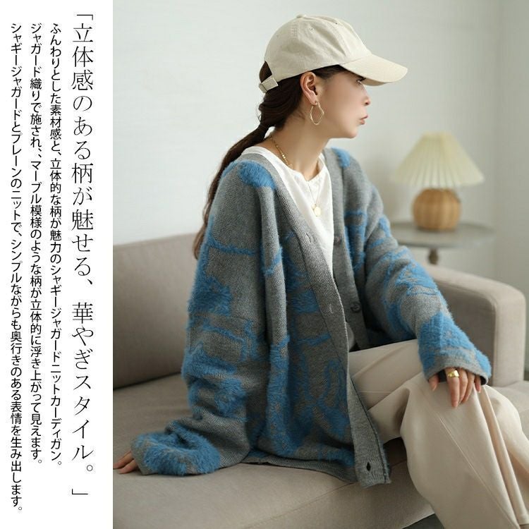 大きいサイズ レディース 配色シャギー花柄ニットカーディガン　sum-0021
