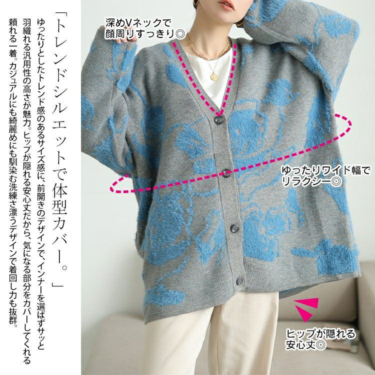 大きいサイズ レディース 配色シャギー花柄ニットカーディガン　sum-0021