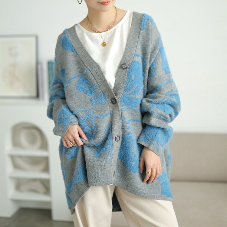 大きいサイズ レディース 配色シャギー花柄ニットカーディガン　sum-0021