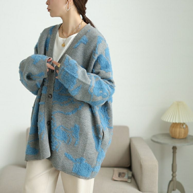 大きいサイズ レディース 配色シャギー花柄ニットカーディガン　sum-0021