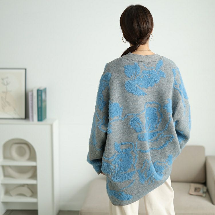 大きいサイズ レディース 配色シャギー花柄ニットカーディガン　sum-0021