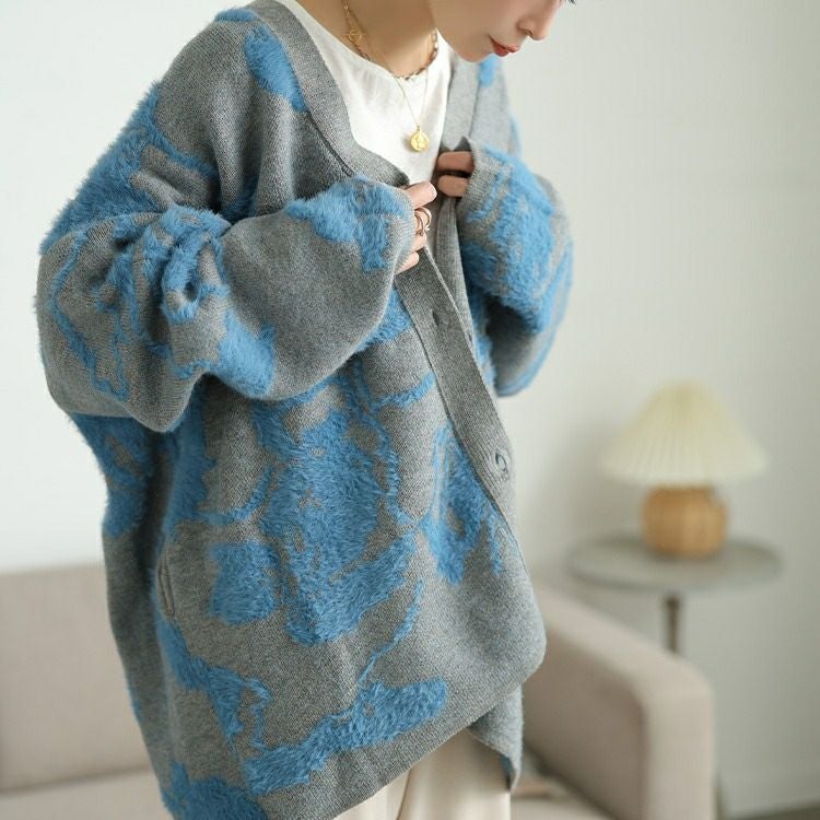 大きいサイズ レディース 配色シャギー花柄ニットカーディガン　sum-0021