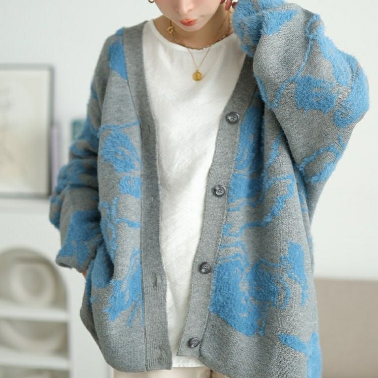 大きいサイズ レディース 配色シャギー花柄ニットカーディガン　sum-0021