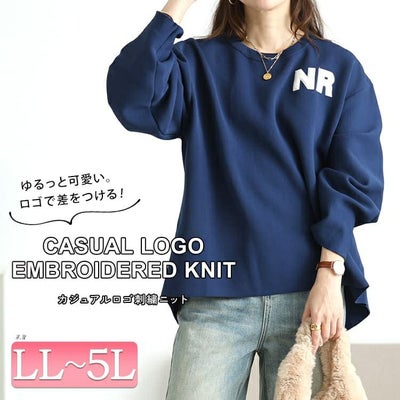 大きいサイズ レディース サガラ刺繍ロゴワッペンボリューム袖ニット　sum-0035