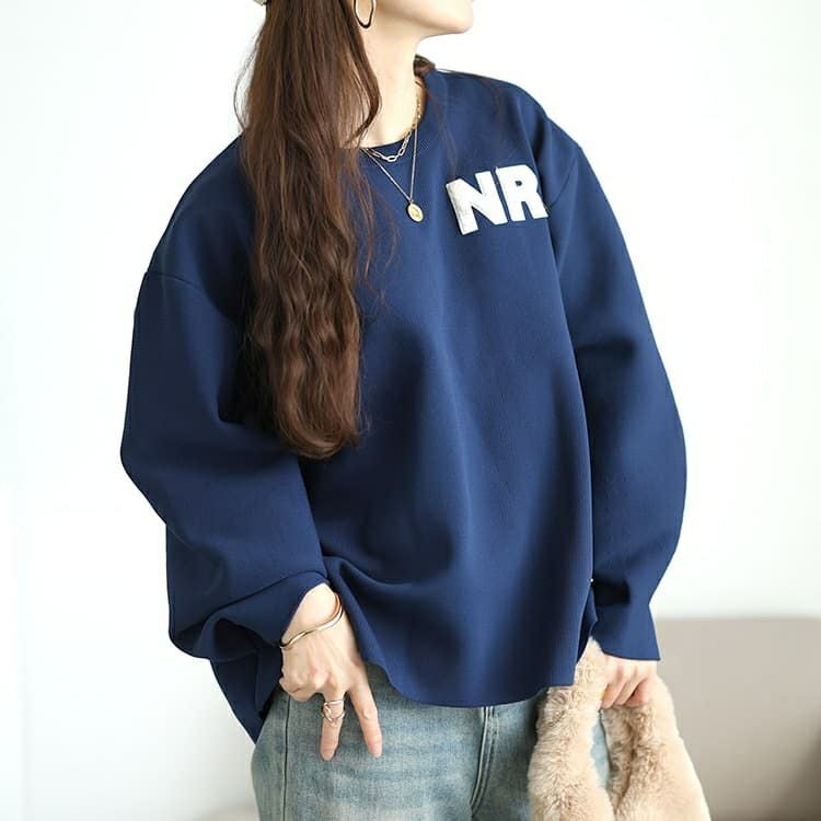 美品✨Rene 2023年 ロゴ刺繍 リブニットトップス 36 ネイビー系 半袖 大きいサイズ レディース サガラ刺繍ロゴワッペンボリューム袖ニット