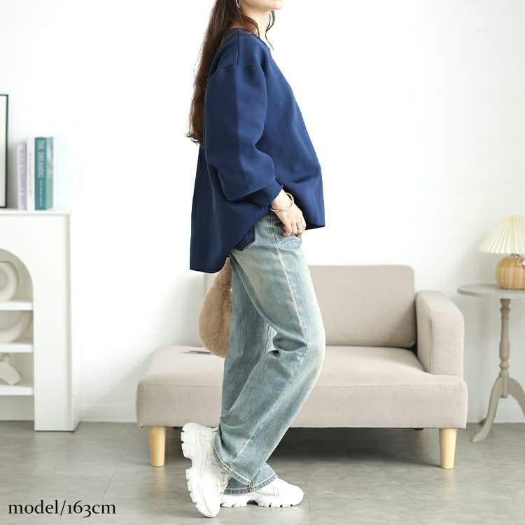 大きいサイズ レディース サガラ刺繍ロゴワッペンボリューム袖ニット　sum-0035