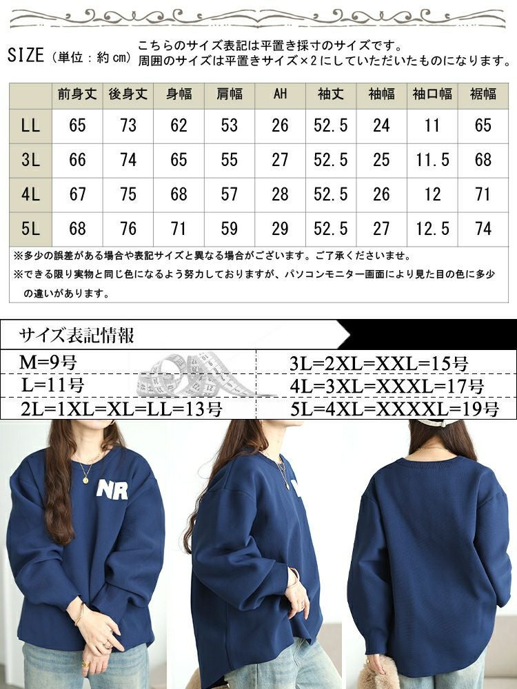 大きいサイズ レディース サガラ刺繍ロゴワッペンボリューム袖ニット　sum-0035