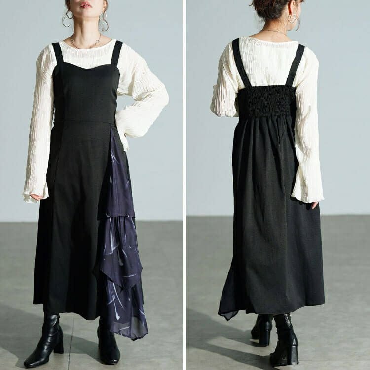 大きいサイズ レディース ティアード切り替えアシメジャンパースカート　nw-25056