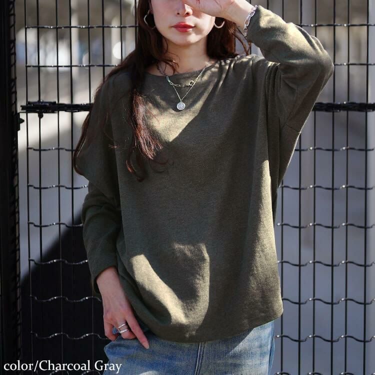 大きいサイズ レディース ボートネックワイドドルマンプルオーバー　wk-0575 【メール便可】 チャコールグレー