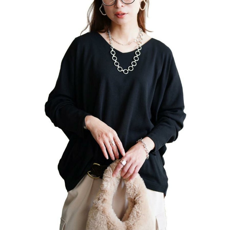 大きいサイズ レディース Vネックワイドドルマンプルオーバー　wk-0576 【メール便可】 ブラック