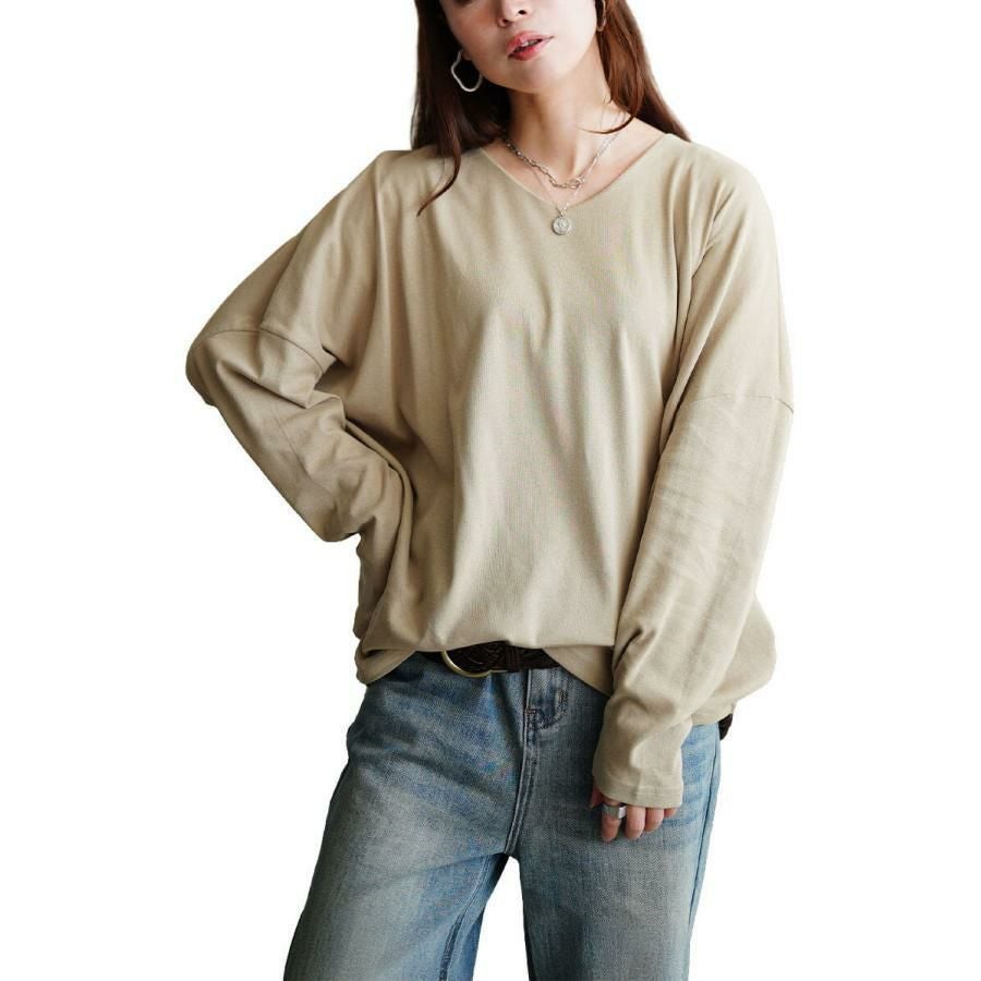 大きいサイズ レディース Vネックワイドドルマンプルオーバー　wk-0576 【メール便可】 グレーベージュ