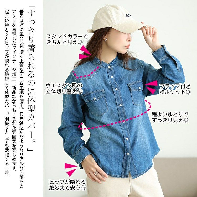 大きいサイズ レディース バンドカラーコットンデニムシャツ　wd-0421 【メール便可】