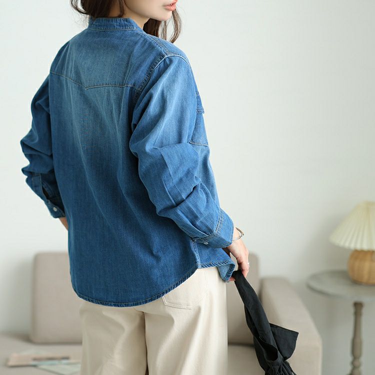 大きいサイズ レディース バンドカラーコットンデニムシャツ　wd-0421 【メール便可】