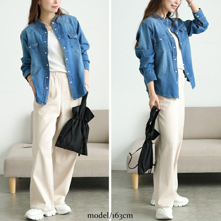 大きいサイズ レディース バンドカラーコットンデニムシャツ　wd-0421 【メール便可】