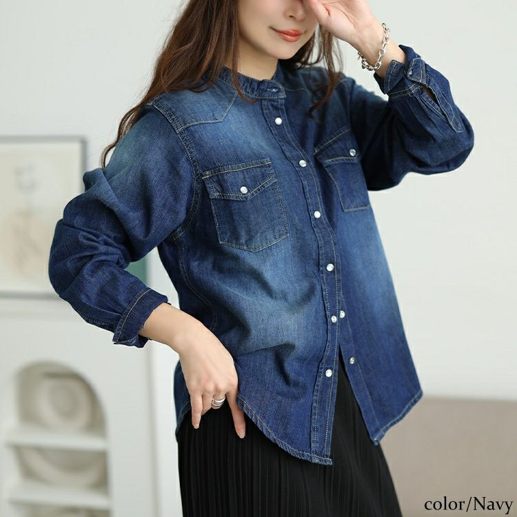 大きいサイズ レディース バンドカラーコットンデニムシャツ　wd-0421 【メール便可】