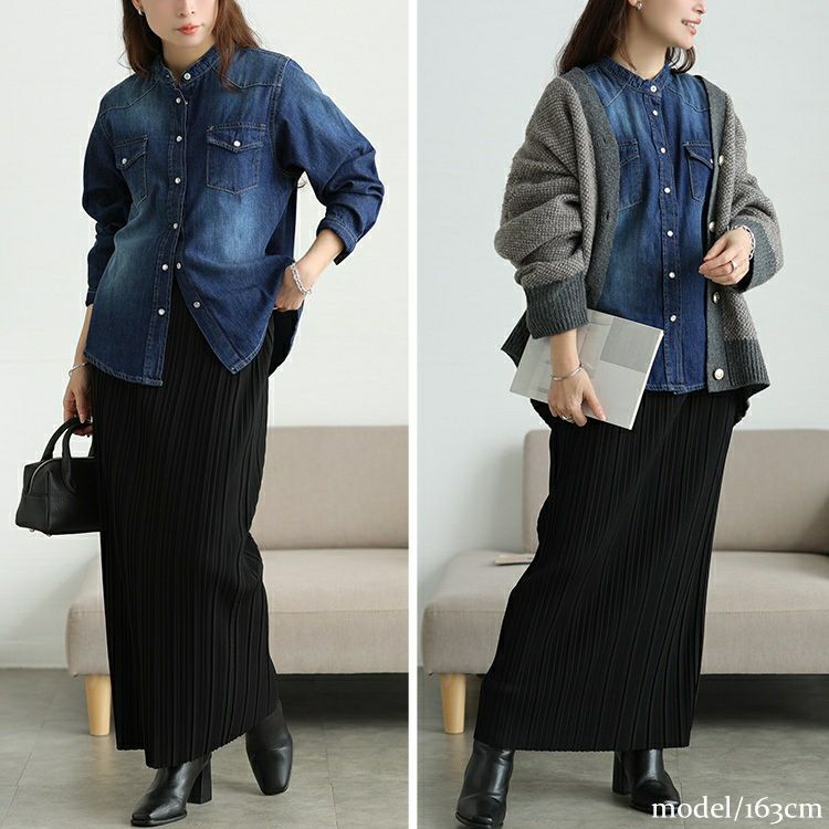 大きいサイズ レディース バンドカラーコットンデニムシャツ　wd-0421 【メール便可】