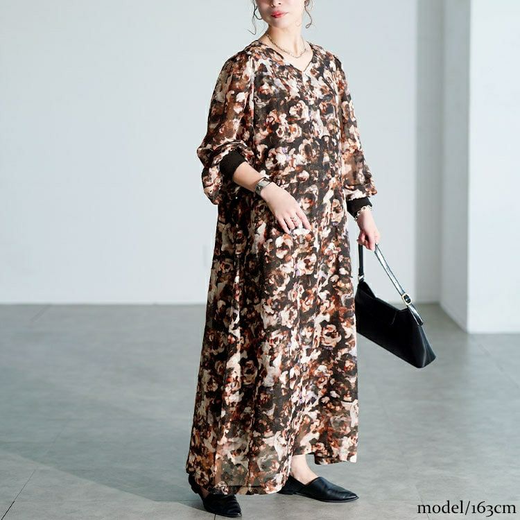 大きいサイズ レディース ぼかし花柄ウエストドロストワンピース　maru-30203