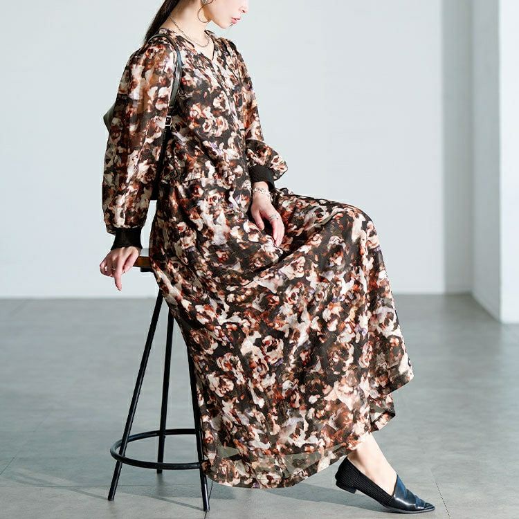 大きいサイズ レディース ぼかし花柄ウエストドロストワンピース　maru-30203