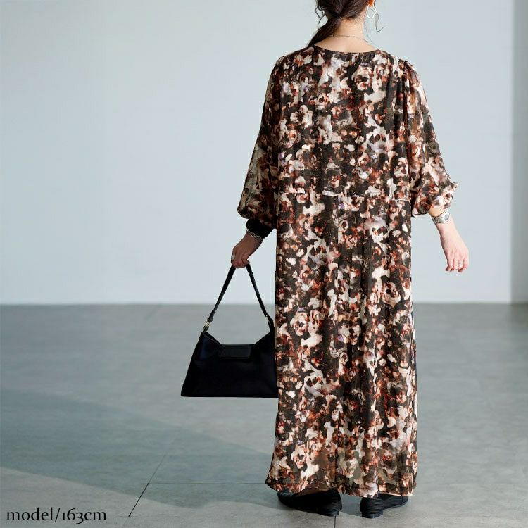 大きいサイズ レディース ぼかし花柄ウエストドロストワンピース　maru-30203