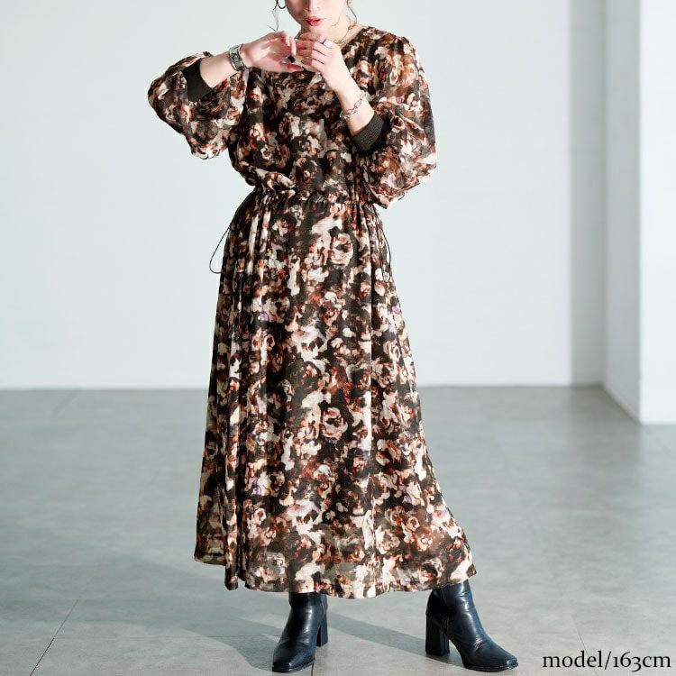 大きいサイズ レディース ぼかし花柄ウエストドロストワンピース　maru-30203