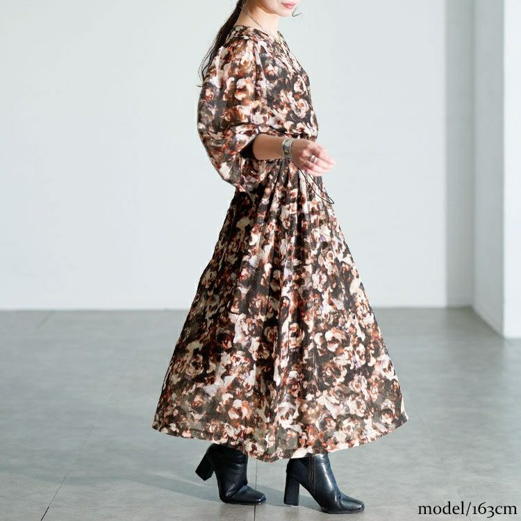 大きいサイズ レディース ぼかし花柄ウエストドロストワンピース　maru-30203