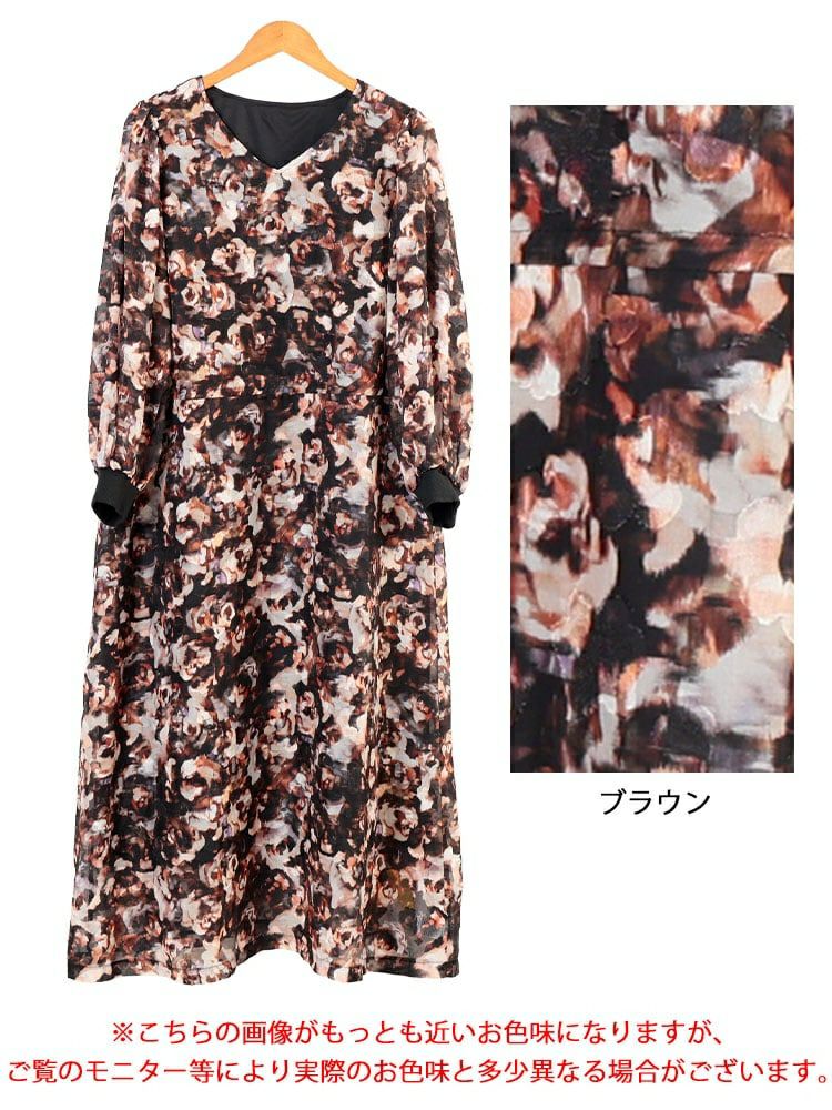 大きいサイズ レディース ぼかし花柄ウエストドロストワンピース　maru-30203