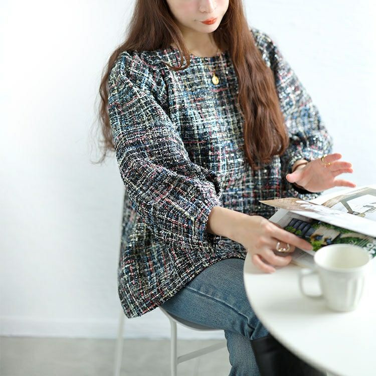 大きいサイズ レディース ラメツイードボリューム袖ブラウス　maru-30201