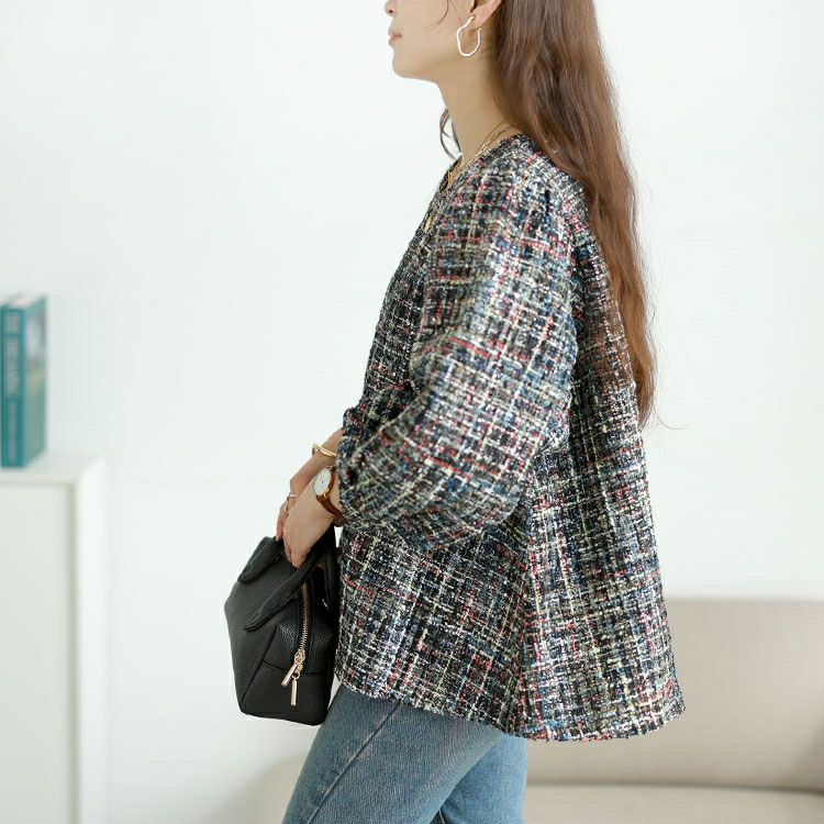 大きいサイズ レディース ラメツイードボリューム袖ブラウス　maru-30201