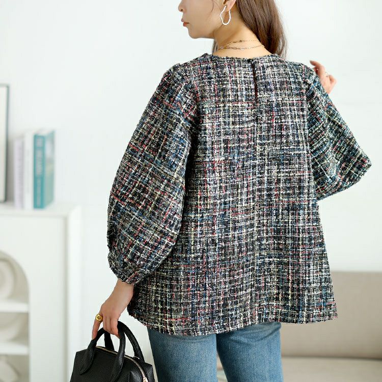 大きいサイズ レディース ラメツイードボリューム袖ブラウス　maru-30201