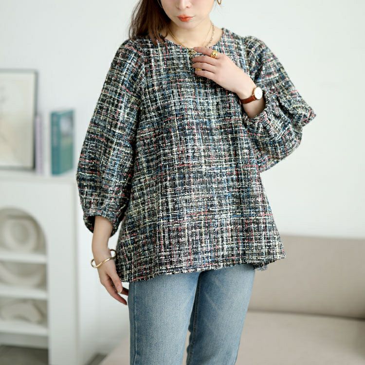 大きいサイズ レディース ラメツイードボリューム袖ブラウス　maru-30201