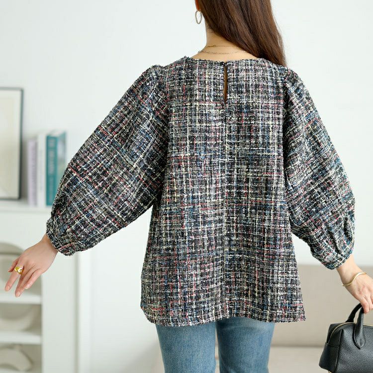 大きいサイズ レディース ラメツイードボリューム袖ブラウス　maru-30201