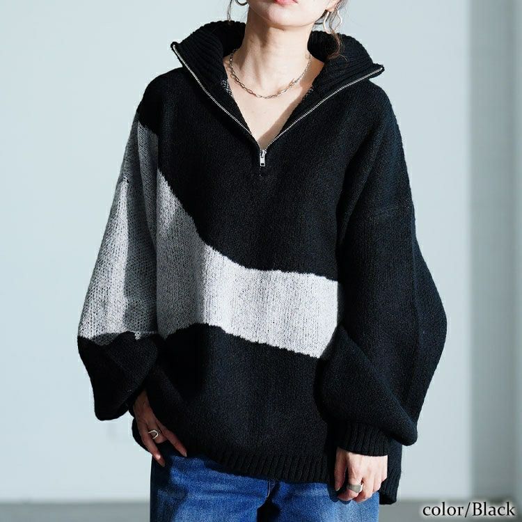 大きいサイズ レディース ハーフZIPアシメバイカラーニット　sum-0018