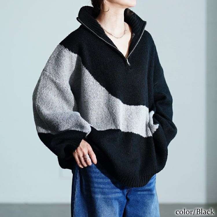 大きいサイズ レディース ハーフZIPアシメバイカラーニット　sum-0018