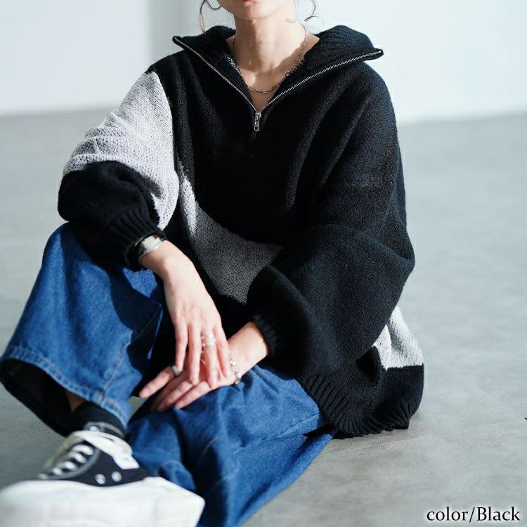 大きいサイズ レディース ハーフZIPアシメバイカラーニット　sum-0018