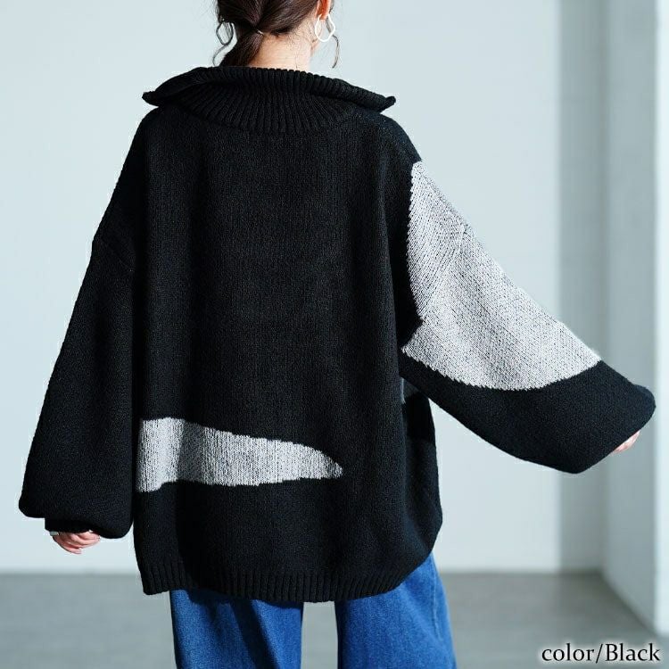 大きいサイズ レディース ハーフZIPアシメバイカラーニット　sum-0018
