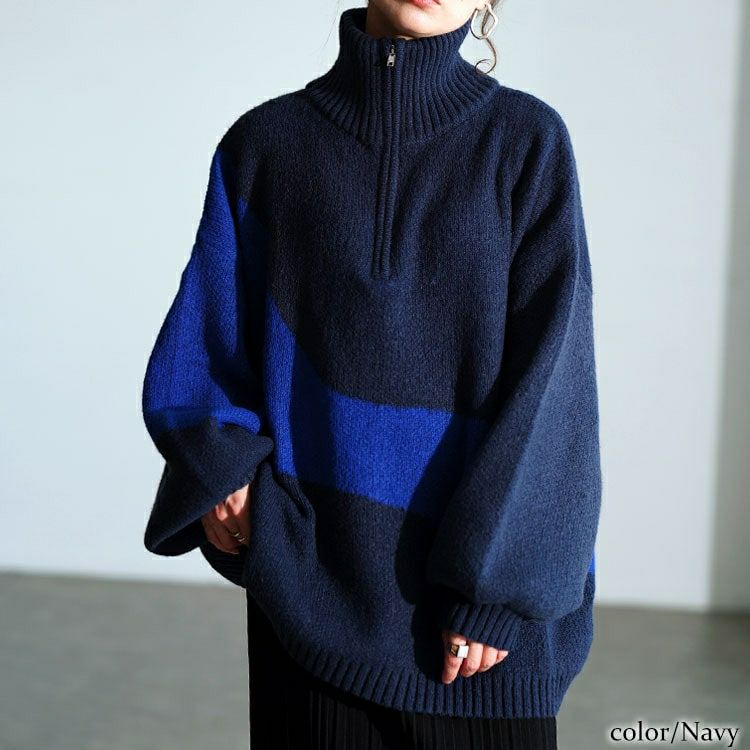 大きいサイズ レディース ハーフZIPアシメバイカラーニット　sum-0018