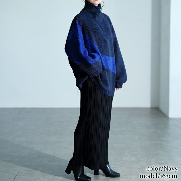 大きいサイズ レディース ハーフZIPアシメバイカラーニット　sum-0018