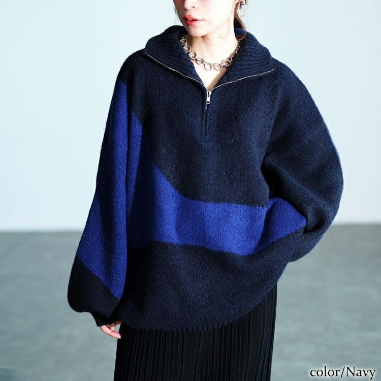 大きいサイズ レディース ハーフZIPアシメバイカラーニット　sum-0018