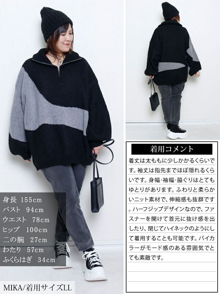 大きいサイズ レディース ハーフZIPアシメバイカラーニット　sum-0018