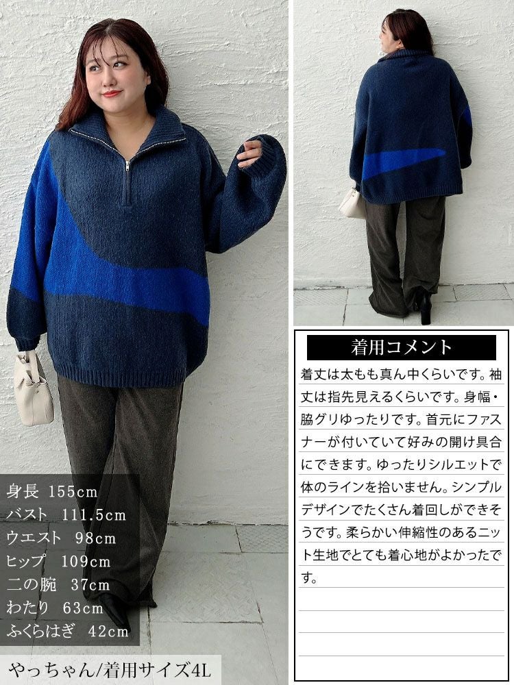 大きいサイズ レディース ハーフZIPアシメバイカラーニット　sum-0018