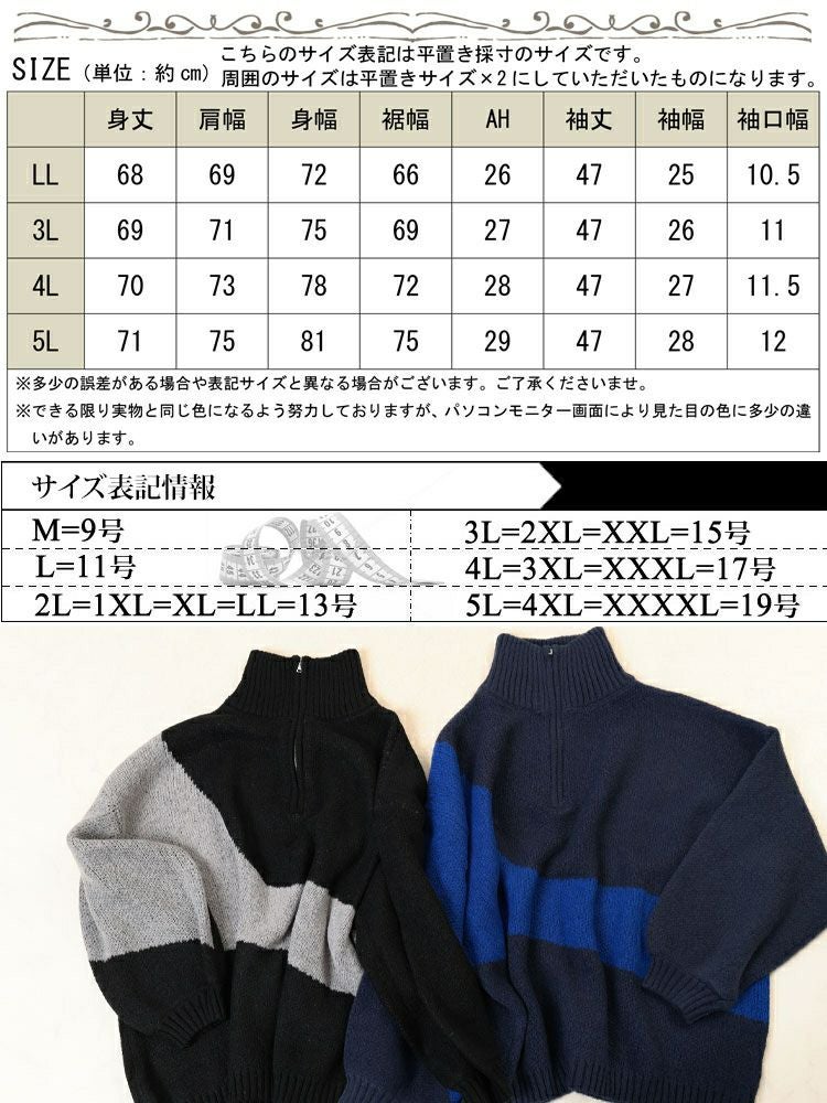 大きいサイズ レディース ハーフZIPアシメバイカラーニット　sum-0018