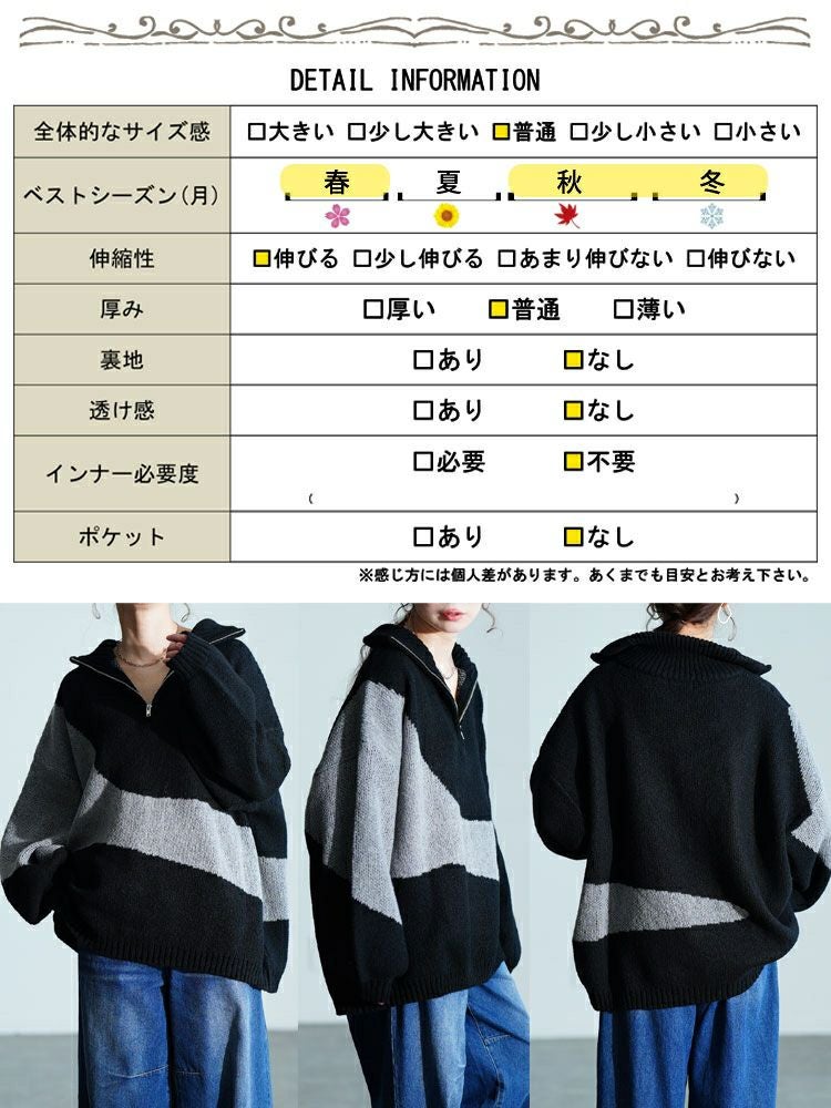 大きいサイズ レディース ハーフZIPアシメバイカラーニット　sum-0018