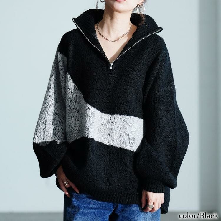 大きいサイズ レディース ハーフZIPアシメバイカラーニット　sum-0018 ブラック