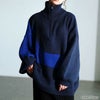 大きいサイズ レディース ハーフZIPアシメバイカラーニット　sum-0018 ネイビー