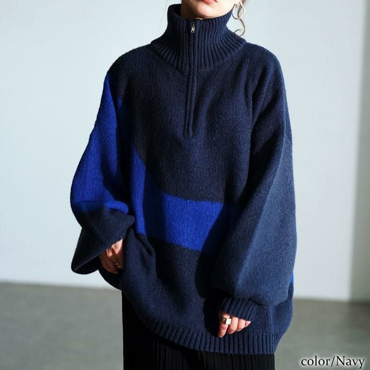 大きいサイズ レディース ハーフZIPアシメバイカラーニット　sum-0018 ネイビー
