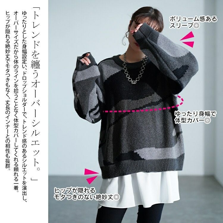 大きいサイズ レディース マーブル柄ラウンドネックニット　sum-0020