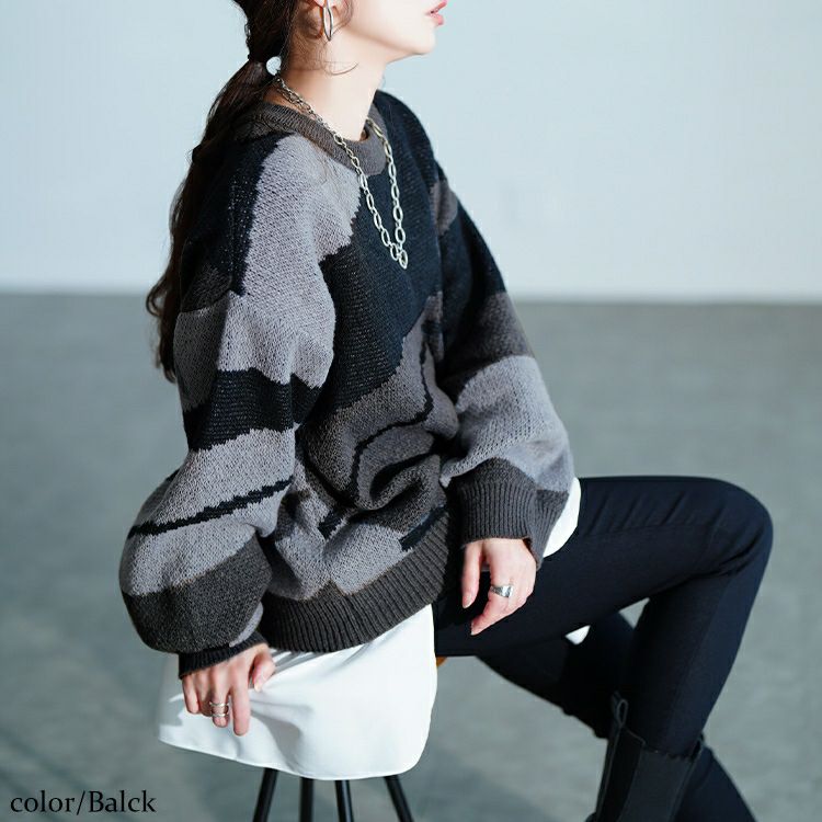 大きいサイズ レディース マーブル柄ラウンドネックニット　sum-0020