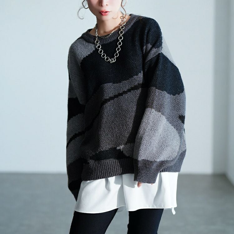 大きいサイズ レディース マーブル柄ラウンドネックニット　sum-0020