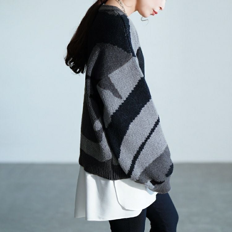 大きいサイズ レディース マーブル柄ラウンドネックニット　sum-0020