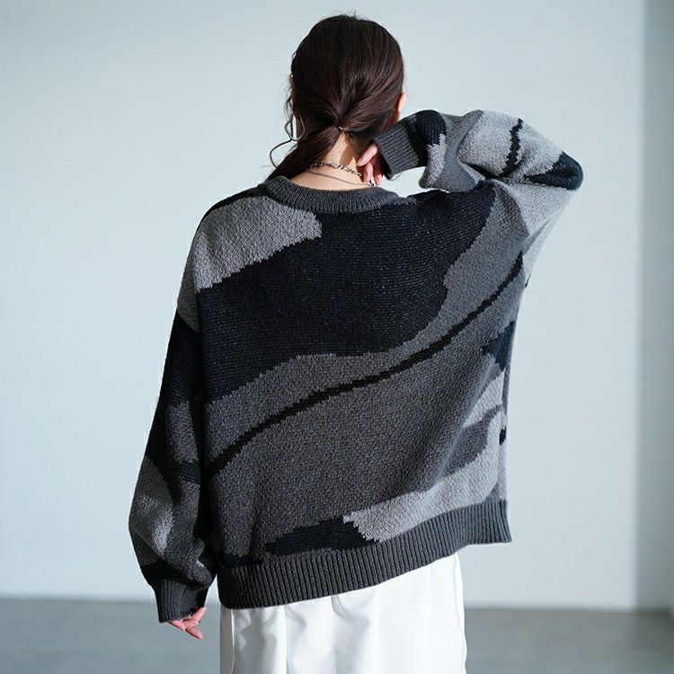 大きいサイズ レディース マーブル柄ラウンドネックニット　sum-0020